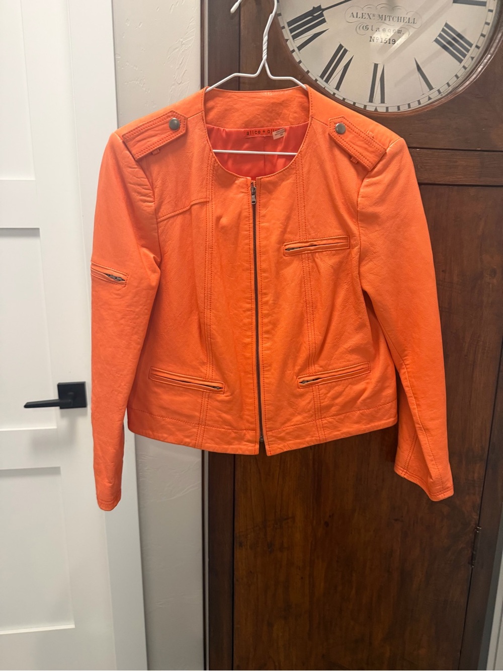 Alice + Olivia Vibrant Orange Zip-Front Leather Jacket